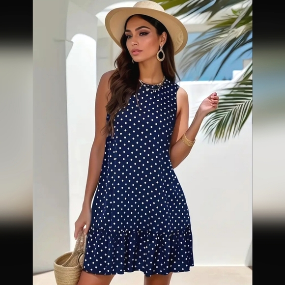 Navy Blue Midi Dress, white polka-dots, sleeveless, lightweight, comfort XL 14 - Picture 3 of 6